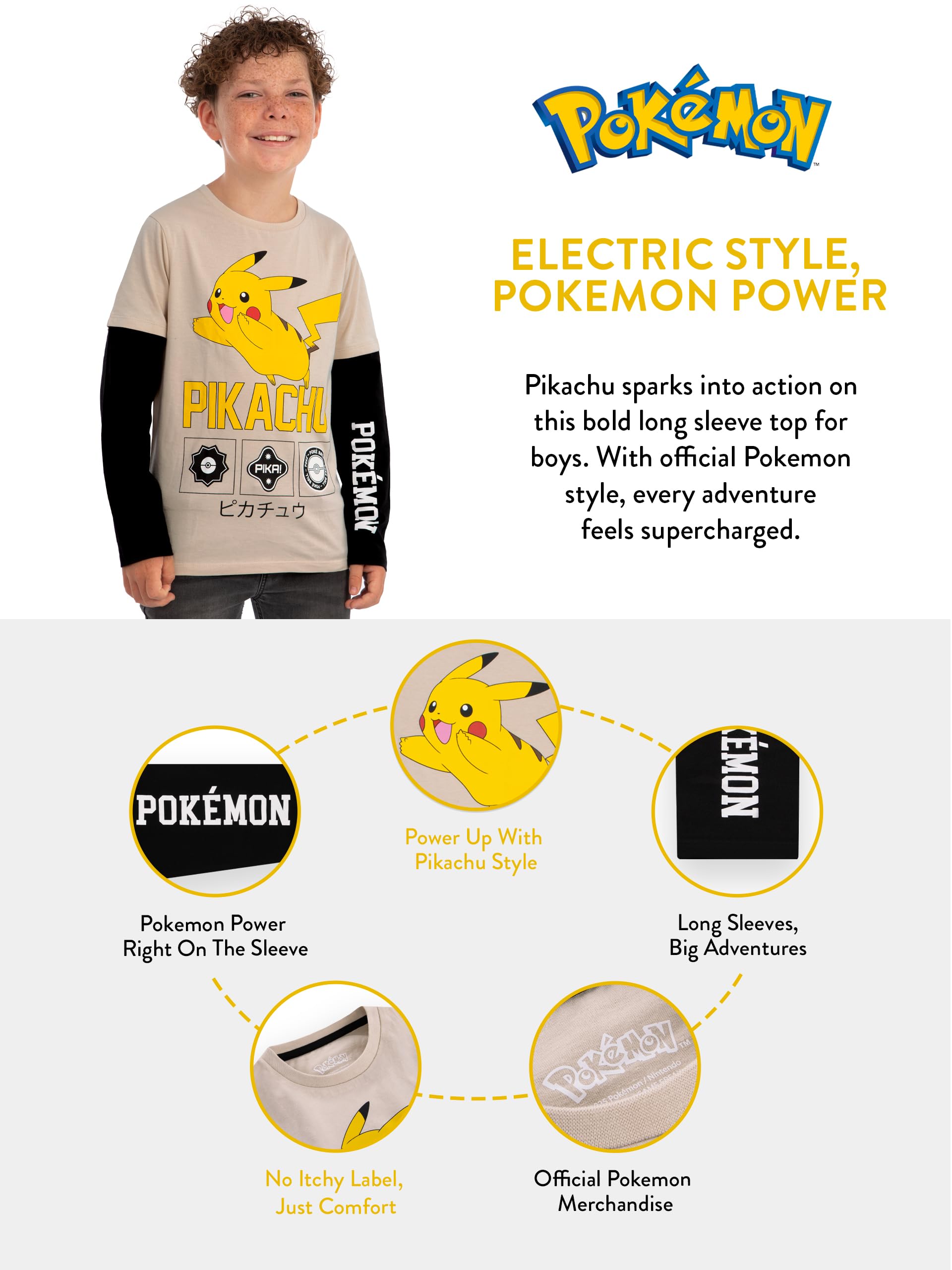 Pokémon T Shirt Garcon, T-Shirt Enfant à Manches Longues, Haut Pikachu Garçon, Vêtements Garçon en Coton