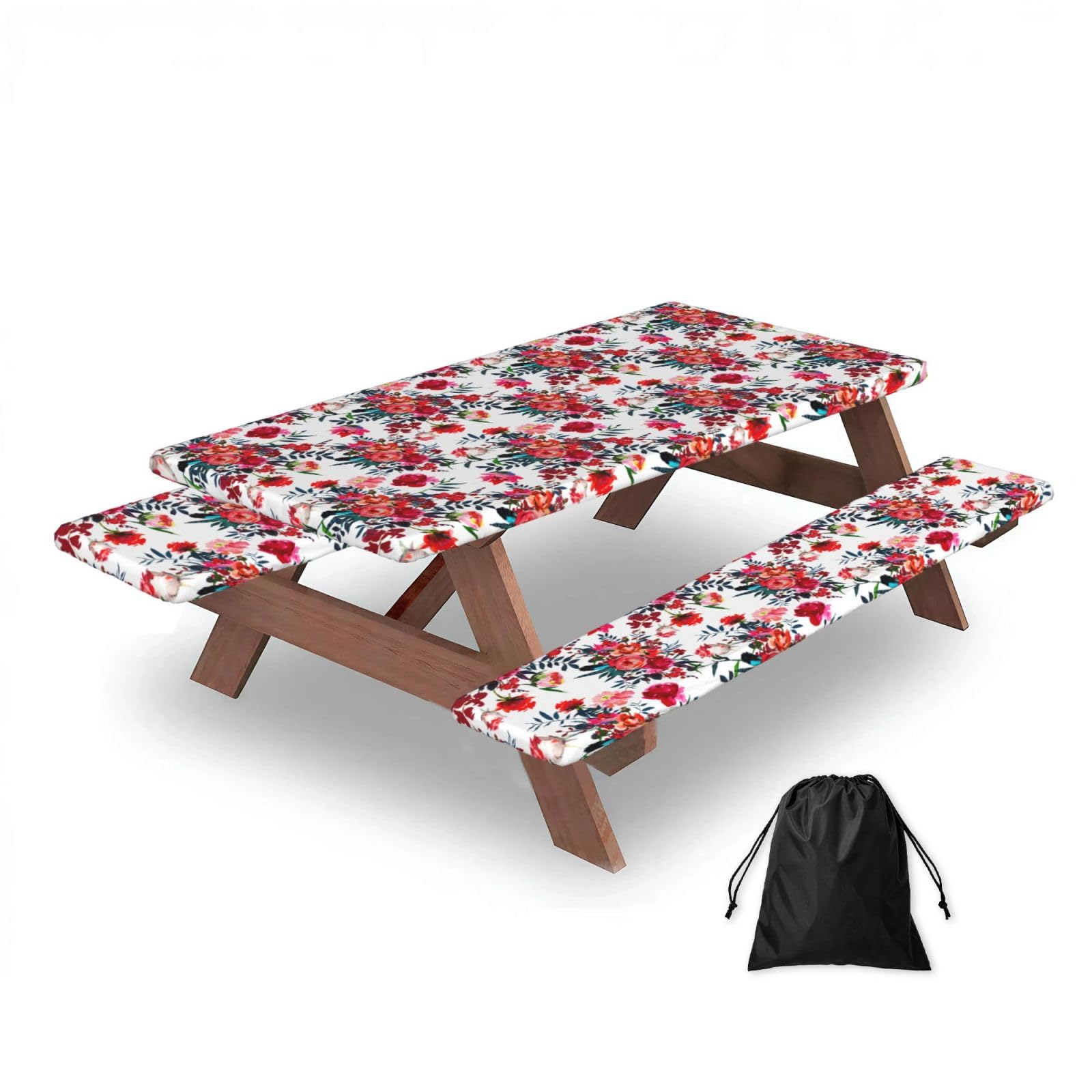 Dopklna As Picture Floral Bright Chic Red Navy Bouquets, Picnic Table Cover With Bench Covers -Waterproof Elastic Fitted Tablecloth For Garden Camping Patio 76X152cm