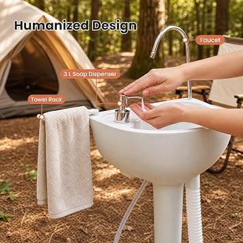 SPOTRAVEL Portable Camping Sink, 17L Capacity Hand Wash Station with Wheels, Towel Holder & Soap Dispenser, Foot Pump Wash Basin Stand for Outdoor Events Gatherings Worksite