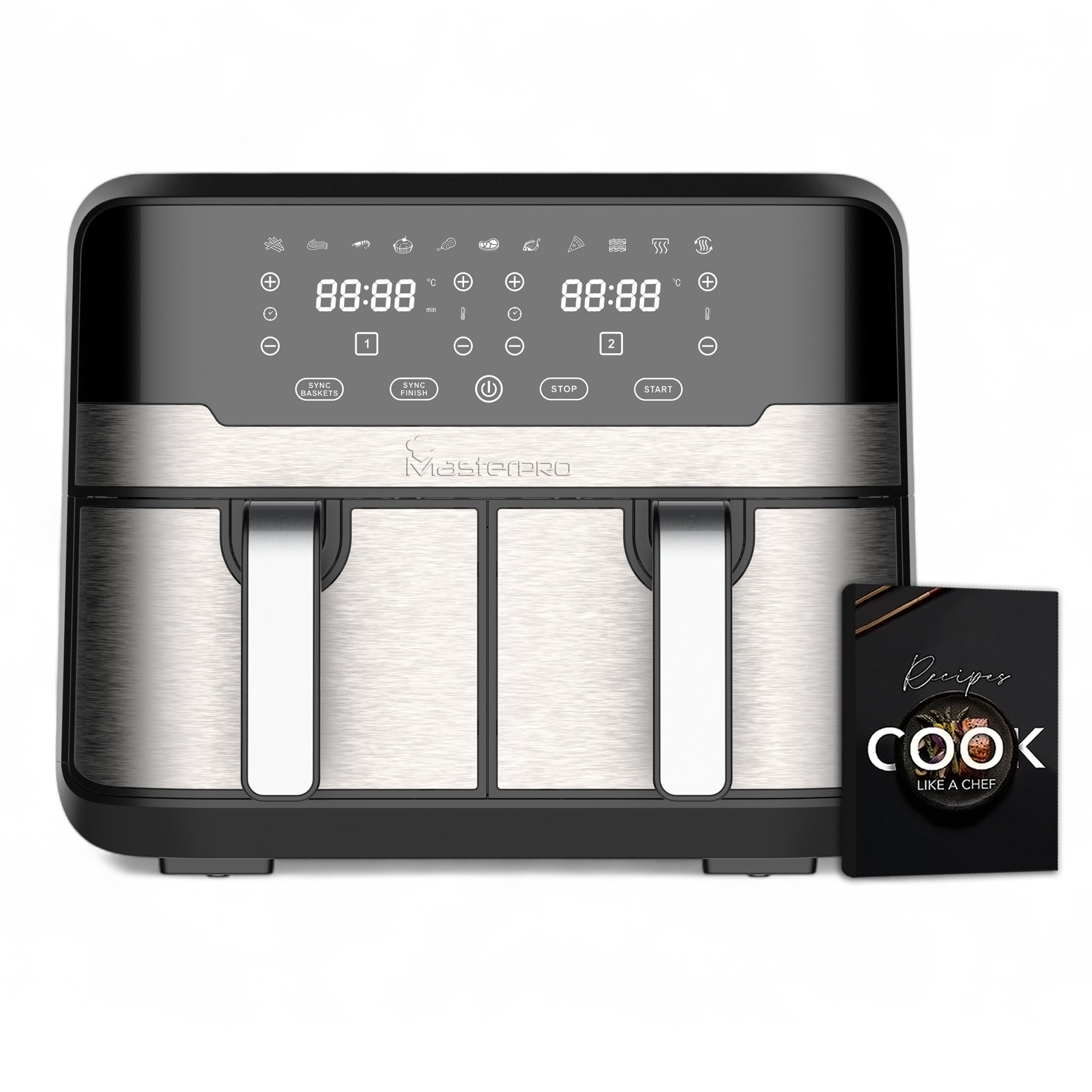 MasterPro Rocket Duo 900 | Freidora Sin Aceite Doble | Color Negro | Capacidad de 9 L y 2400 W | Pantalla LED Táctil y Cesta Antiadherente | Freidora de Aire | 11 Funciones Diferentes en 1, Clásico