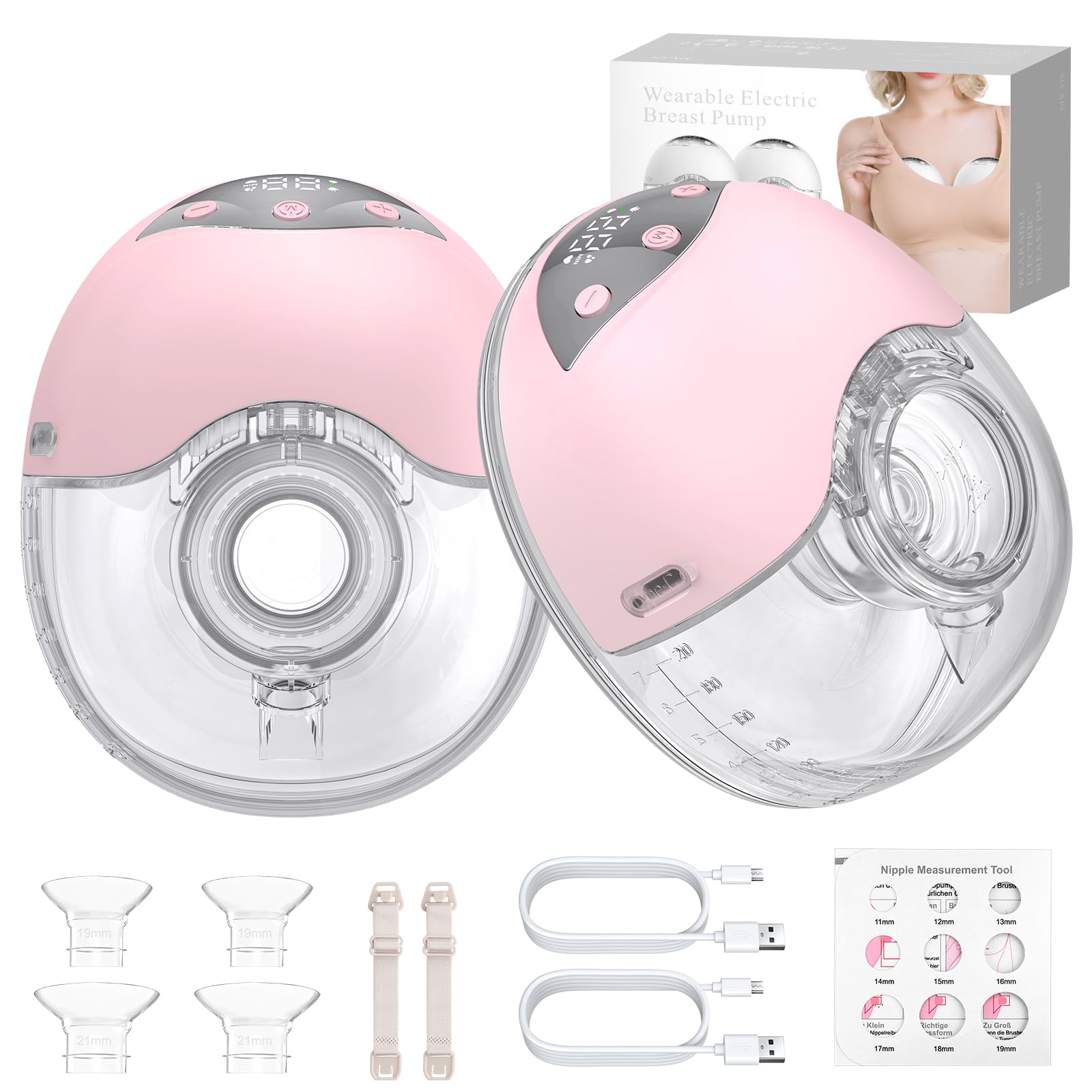 2 Piezas Sacaleches Eléctrico Manos Libres con 4 Modos y 12 Niveles | Extractor de Leche Portátil Silenciosa, Con Brida de 19/21/24 mm y Gran Capacidad de 210 ml para Oficina Viajes-Rosa