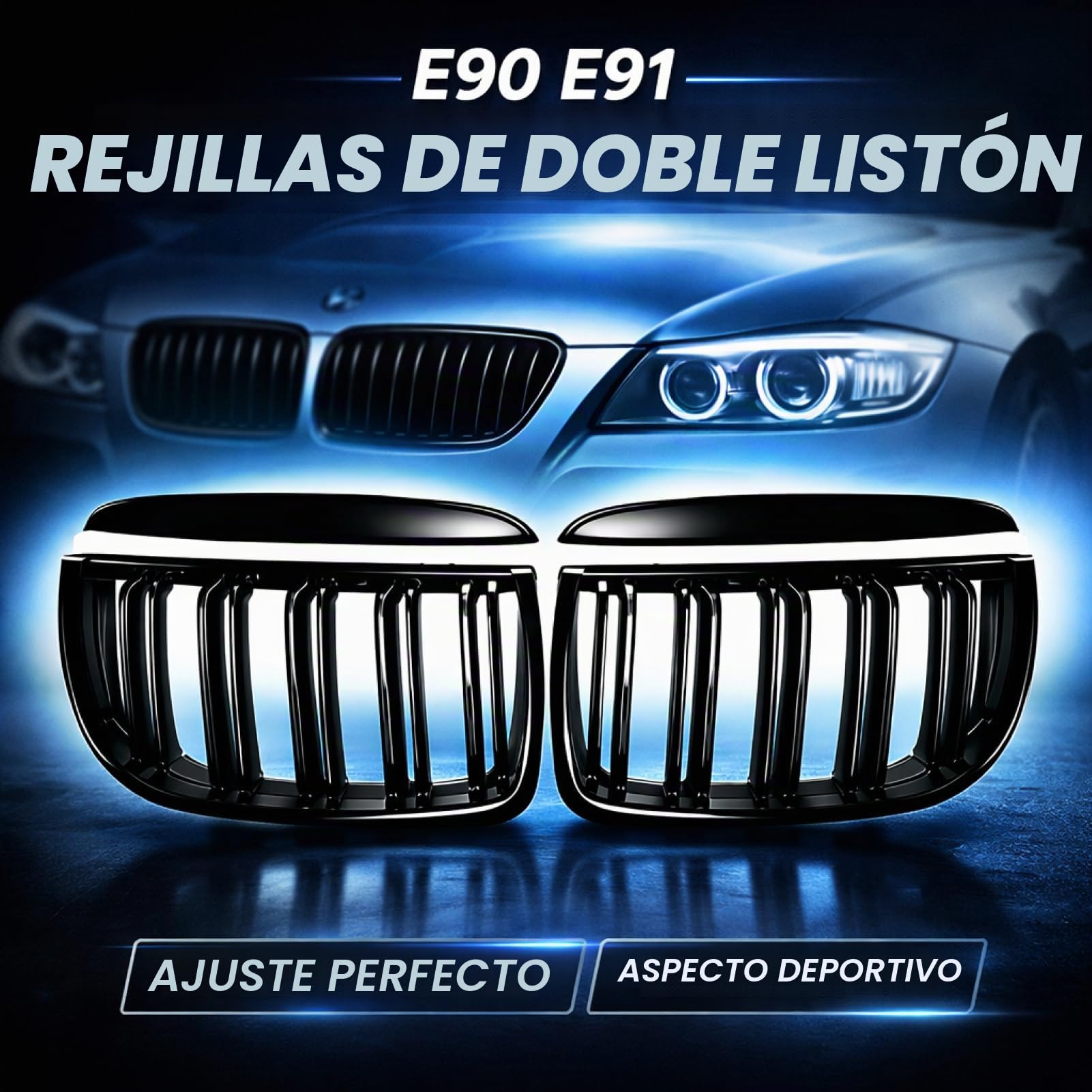 E90 E91 Rejilla Parrilla Delantera Frontal Abs Negro Brillante Doble Barra Para 2005-2008 2005 2006 2007 2008, Rejilla Radiador Parachoques Para (E90 E91 2005-2008)