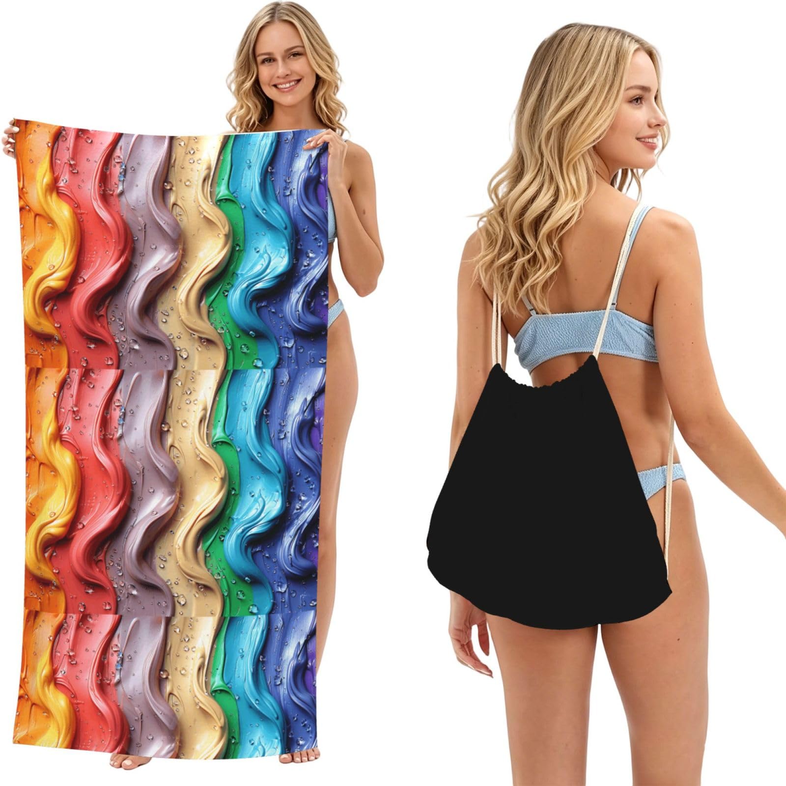 SKGOHLH Oil painting waves 2in1 Packable Beach Towel Bag Women