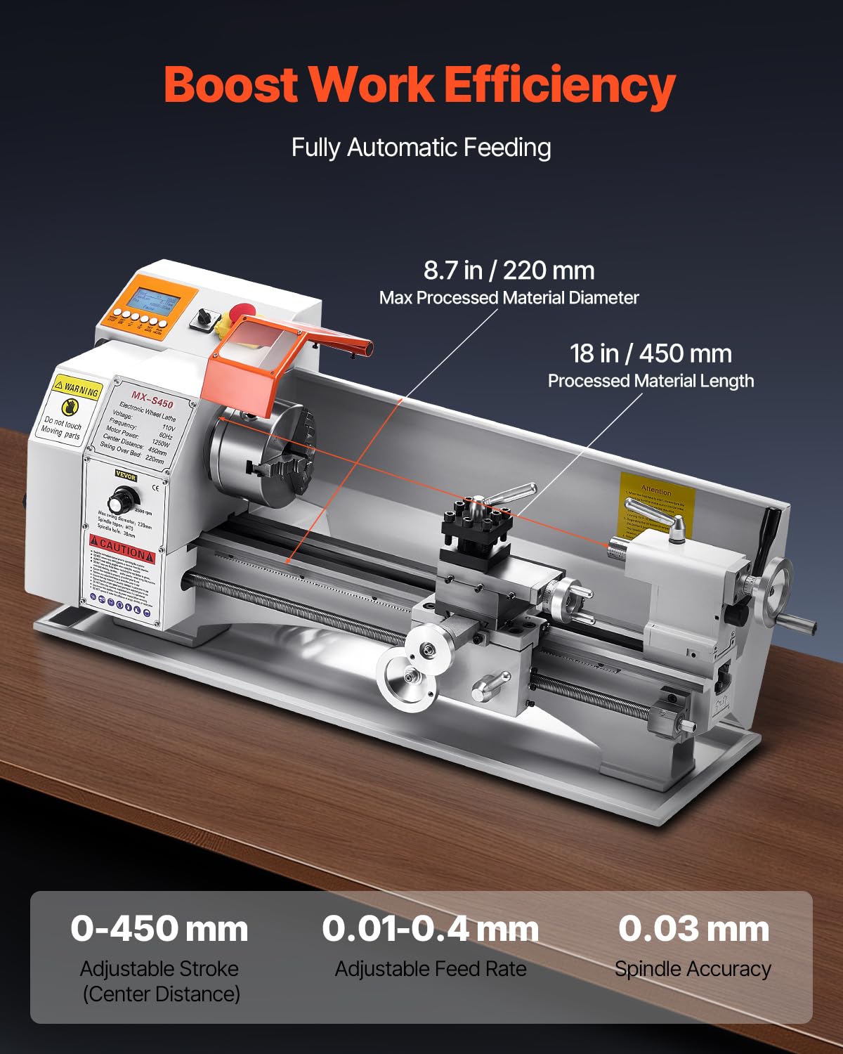 VEVOR Metalldrehmaschine 220x450 mm Tischdrehmaschine Automatischer Vorschub 2500 U/min Drehzahl 1250 W Bürstenloser Motor, mit Zubehör, Drehmaschine für die Bearbeitung von Präzisionsteilen