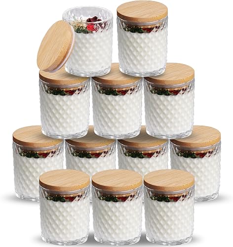 NiHome Embossed Glass Candle Jars with Bamboo Lids Set of 12 for Votive Candle Making, Household Storage and Tealight Holders - Clear Glass, Exquisite Patterns and Sealing Lids for Safe and Easy Use