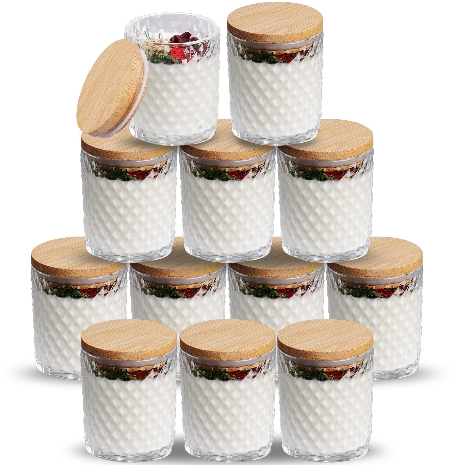 NiHome Set di 12 barattoli in vetro goffrato con coperchio in bambù, per la produzione di candele votive, per la conservazione della casa e portacandele – vetro trasparente, motivi squisiti e coperchi