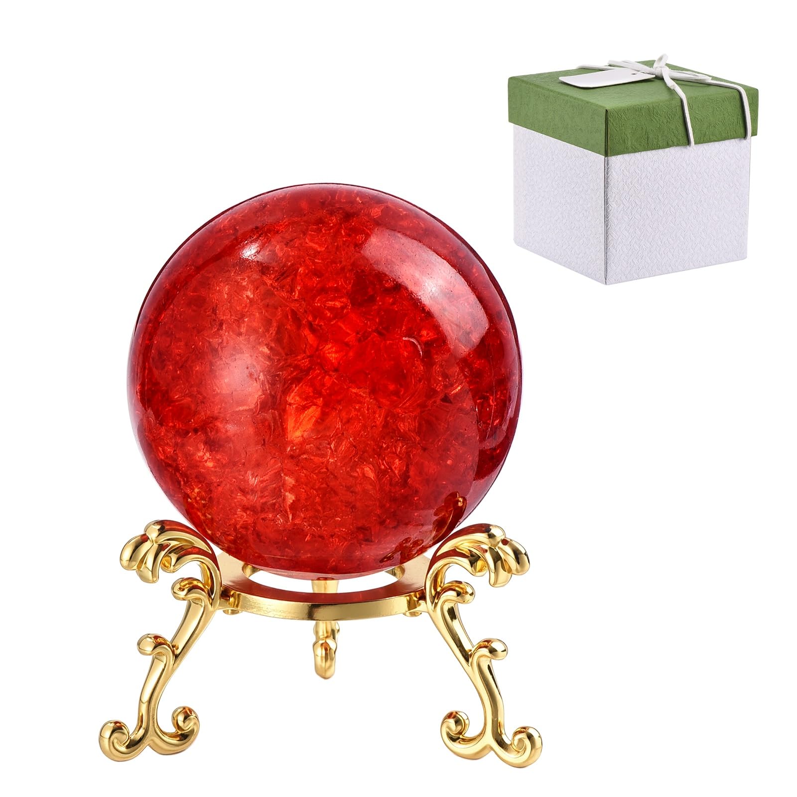 sourcing map 50 mm Round Crystal Sphere with Stand, Crystal Sphere Ice Cracked Decorative Ball Paperweight Gift Box Packaging for Home Decor Ornament Gift Craft Feng Shui Decor, Red