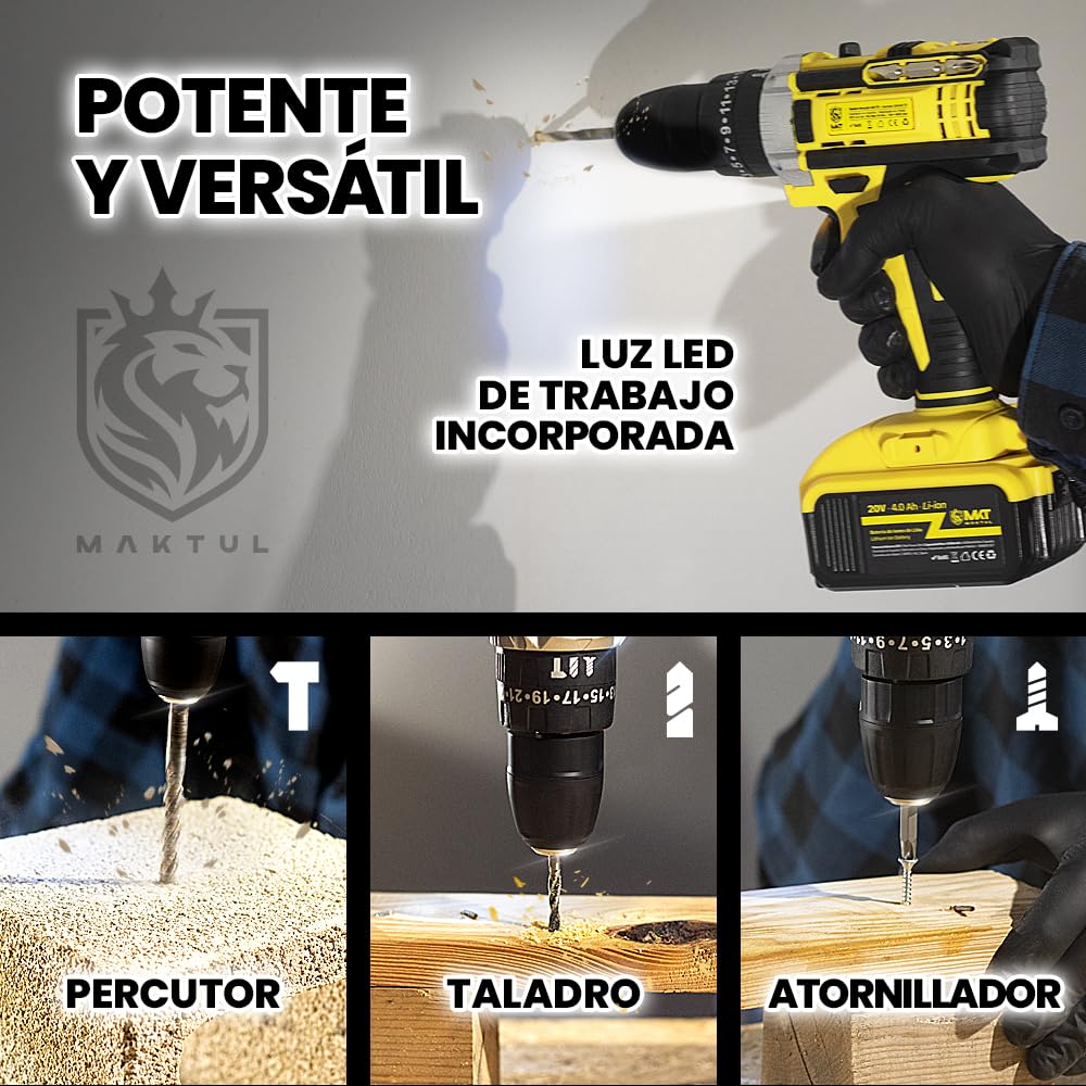 MAKTUL Taladro Percutor a Bateria Potente 2x4000mAh 20V Destornillador Electrico Atornillador Multifunción Inalámbrico con Accesorios Bricolaje 100% Compatible, Luz Nivel Ajuste de Par, 2 Velocidades