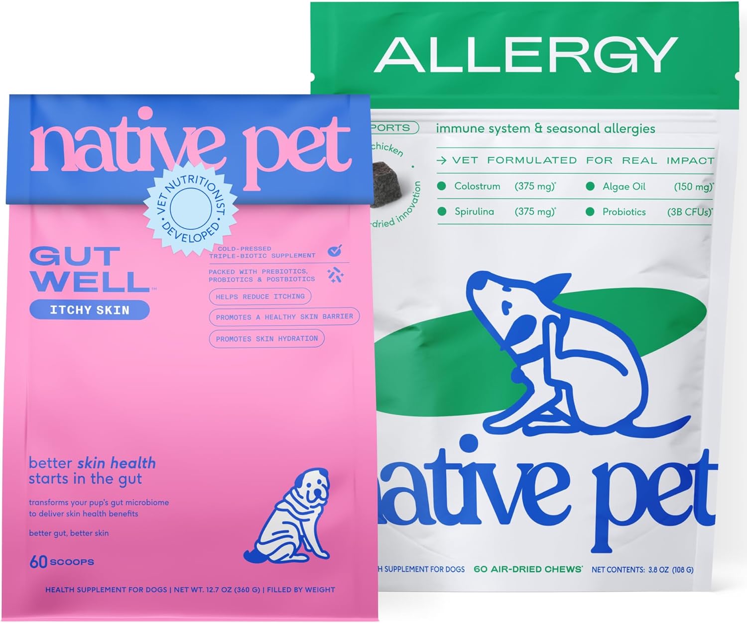 Native Pet Scratch-Free Support Pack: 60 Scoops GutWell Itchy Skin - Dog Itching Skin Relief & Seasonal Allergy Itch Relief & 60 Dog Allergy Chews - Allergy Relief with Probiotics and Colostrum