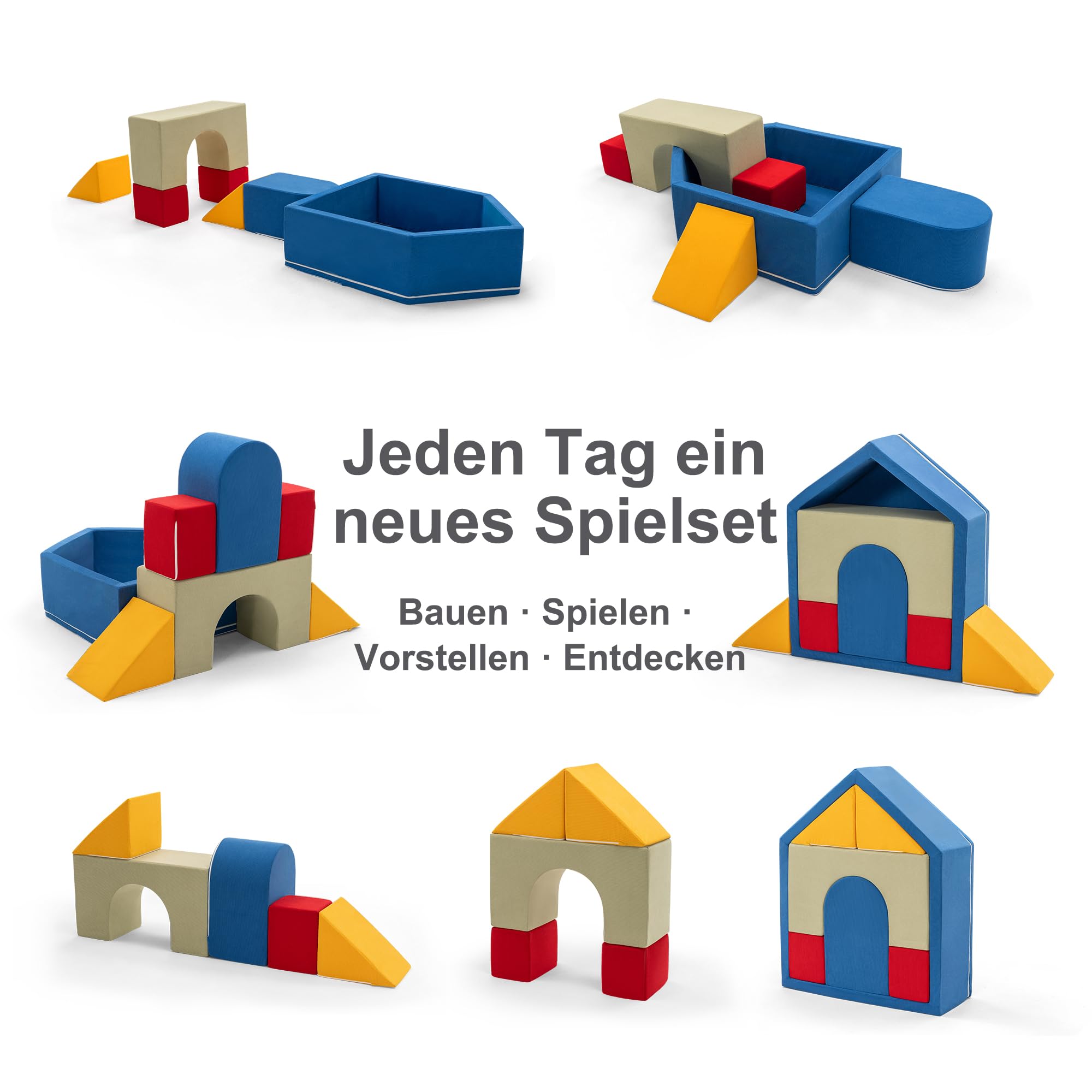 Zedachica 8PCS Softbausteine Baby mit Hausförmigem Bällebad, Schaumstoff Bausteine Kinder für Indoor Klettern, Soft Play Set und Kletterspielzeug für Kleinkinder 1–3 Jahre, Blau (Ohne Bälle)
