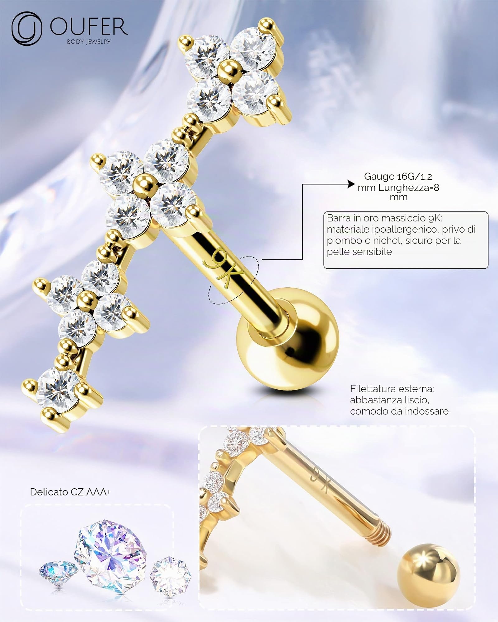 OUFER Orecchini per cartilagine in oro 9 carati, 16 G, AAA+ e zirconia cubica, piercing per elica anteriore, anello a conchiglia, anello superiore per trago, gioielli per donne e ragazze