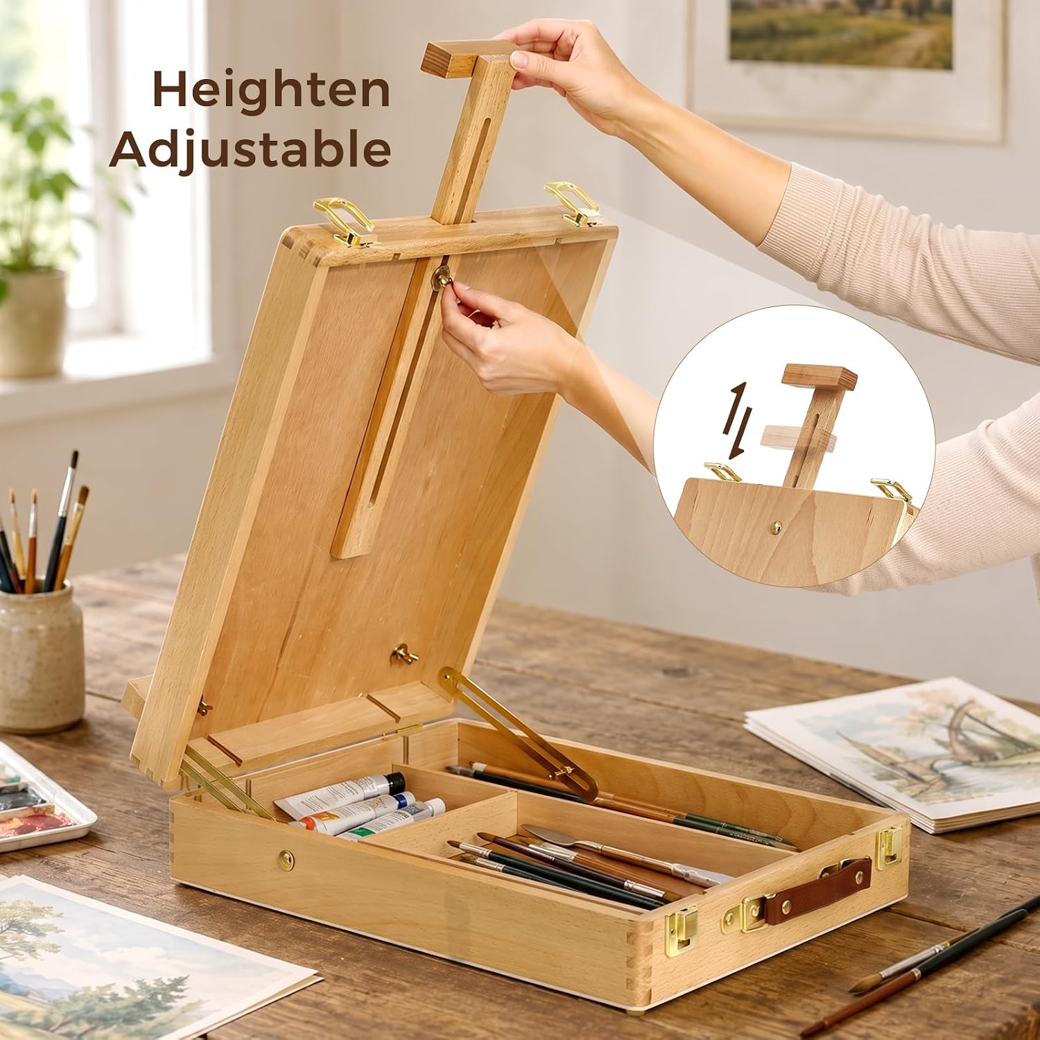 Wooden Tabletop Easel, Adjustable Sketch Box Easel with Storage Compartment