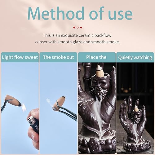 Miniatura 8 de YYW Quemador de incienso de reflujo en cascada con 20 conos de incienso y 30 varillas de incienso, diseño de calavera de mano de cascada de reflujo