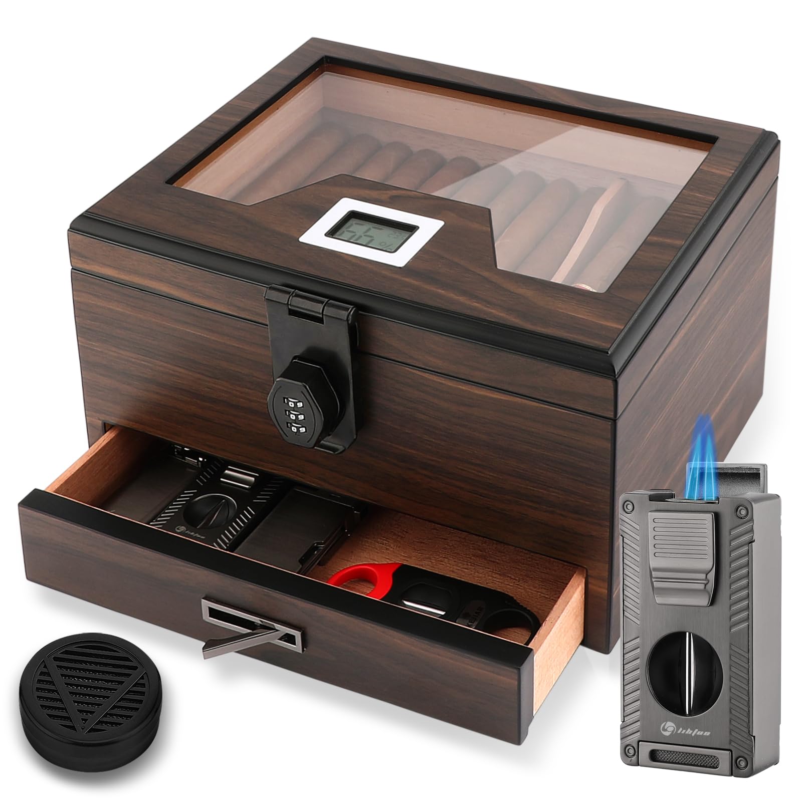 Cigar Humidor and Cigar Lighter Kit, Cedar Wood Cigar Case with Digital