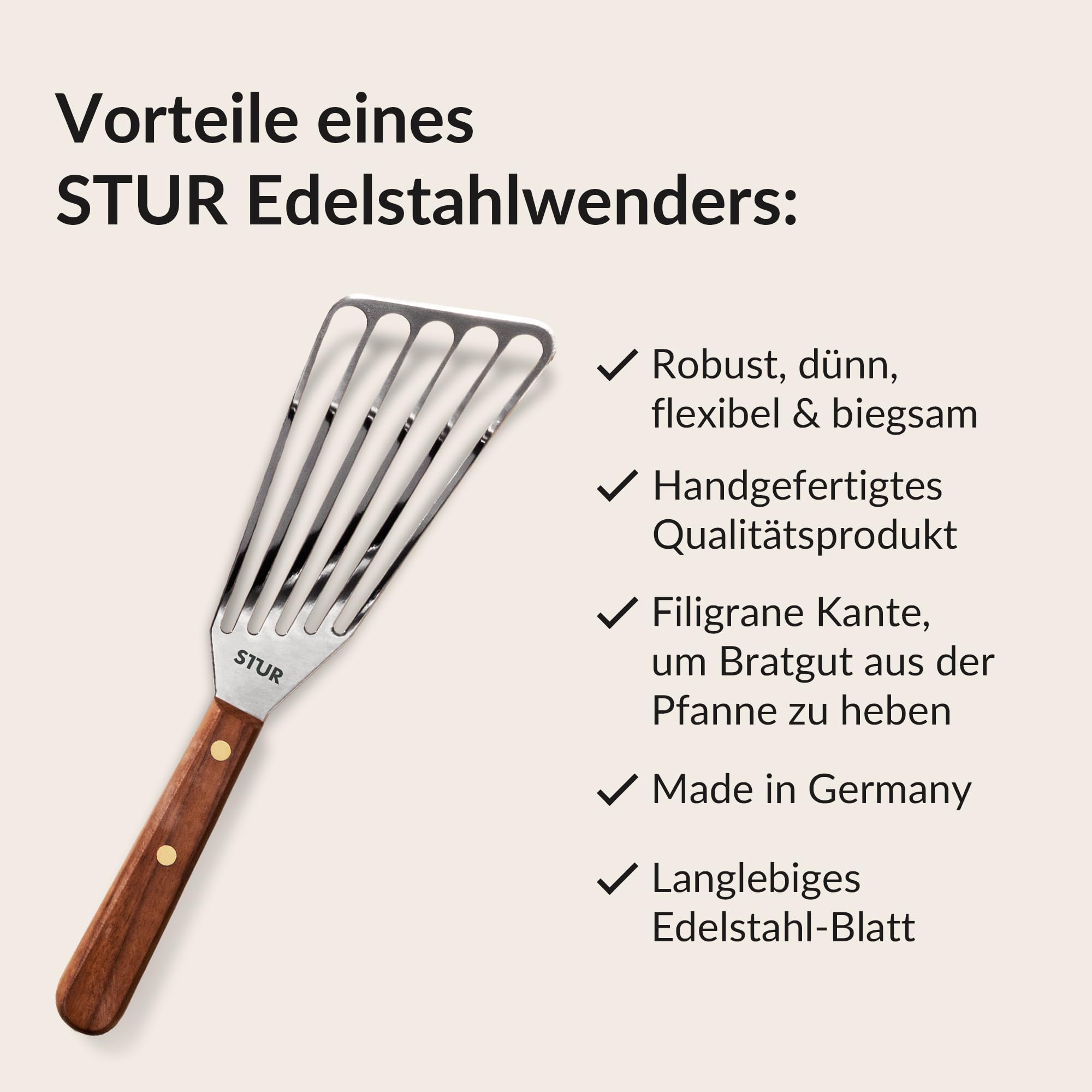 STUR Pfannenwender für Rechtshänder aus flexiblem & rostfreiem Edelstahl - Schlitzwender mit Nussbaumgriff optimiert für STUR Gusseisenpfannen - Dünner Bratenwender für sämtliche Speisen & Küche