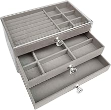 Porta Joias Organizador Acrílico Com 3 Gavetas Aveludada E Divisórias Super Prático e Design Elegante (Cinza)