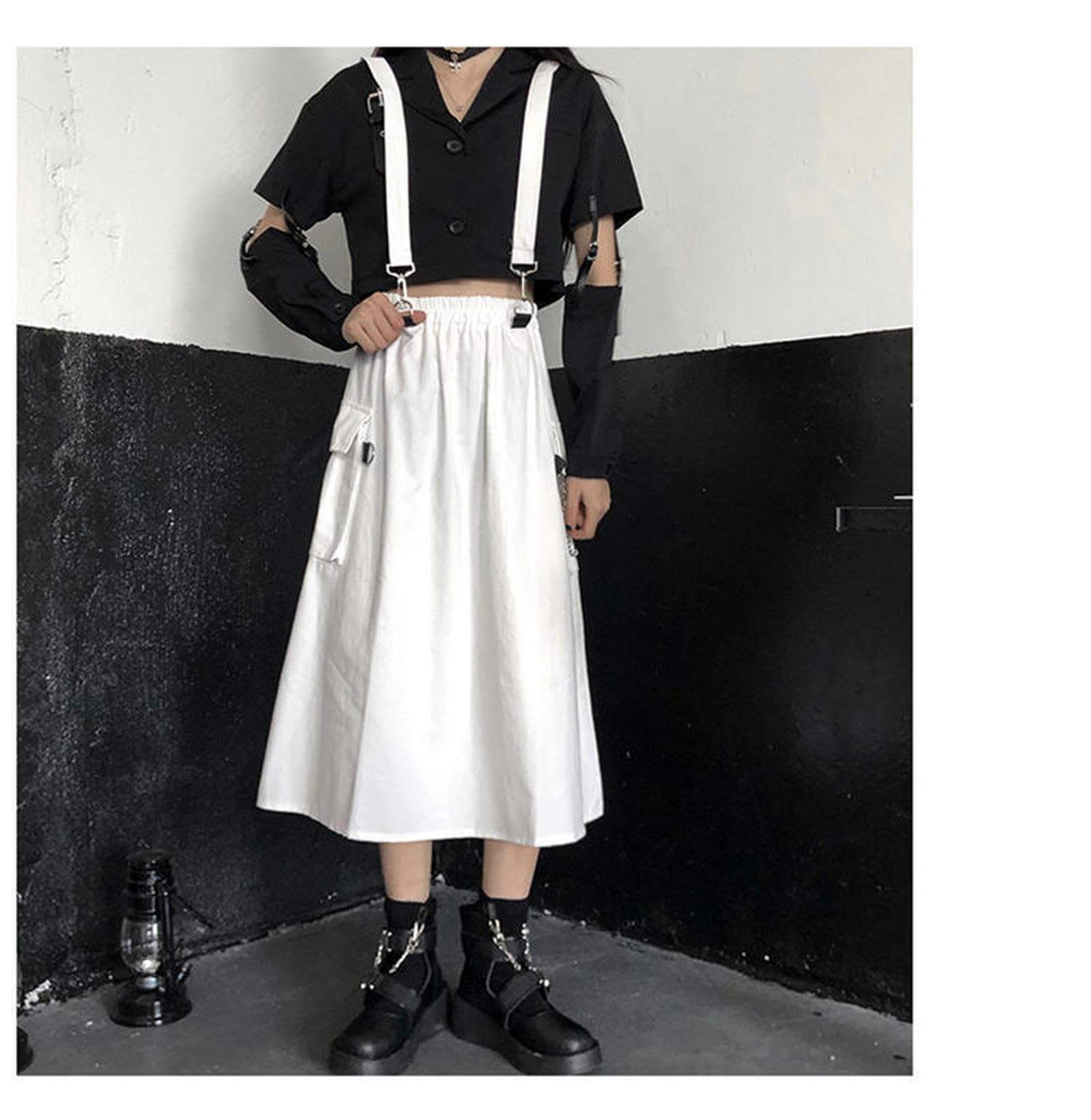 Falda de Verano para niñas, Estilo Harajuku, Falda Blanca, Negra (con Cadena) - XL