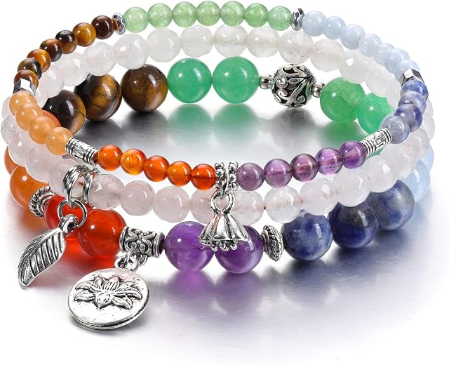 JSDDE Natural Crystals Bracelet Set Reiki Healing Crystal Gemstone Beads Stretch Bracelets with Lotus Leaf Charm for Women Christmas Gift