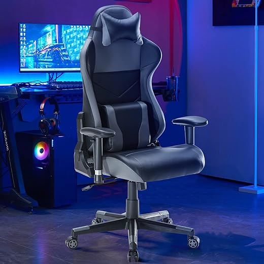 Sunon Gaming Chair Ergonomic Video Game Chair High Back Office Computer Chair Racing Style with Headrest and Lumbar Support (Black & Grey, Leather)