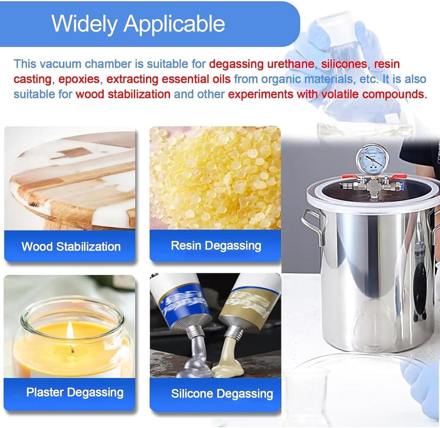Lab Vacuum Chamber, Stainless Steel Degassing Chamber, with Acrylic Cover and Vacuum Gauge, Silencer, for Wood Stabilization, Degassing Silica Gel, Gypsum