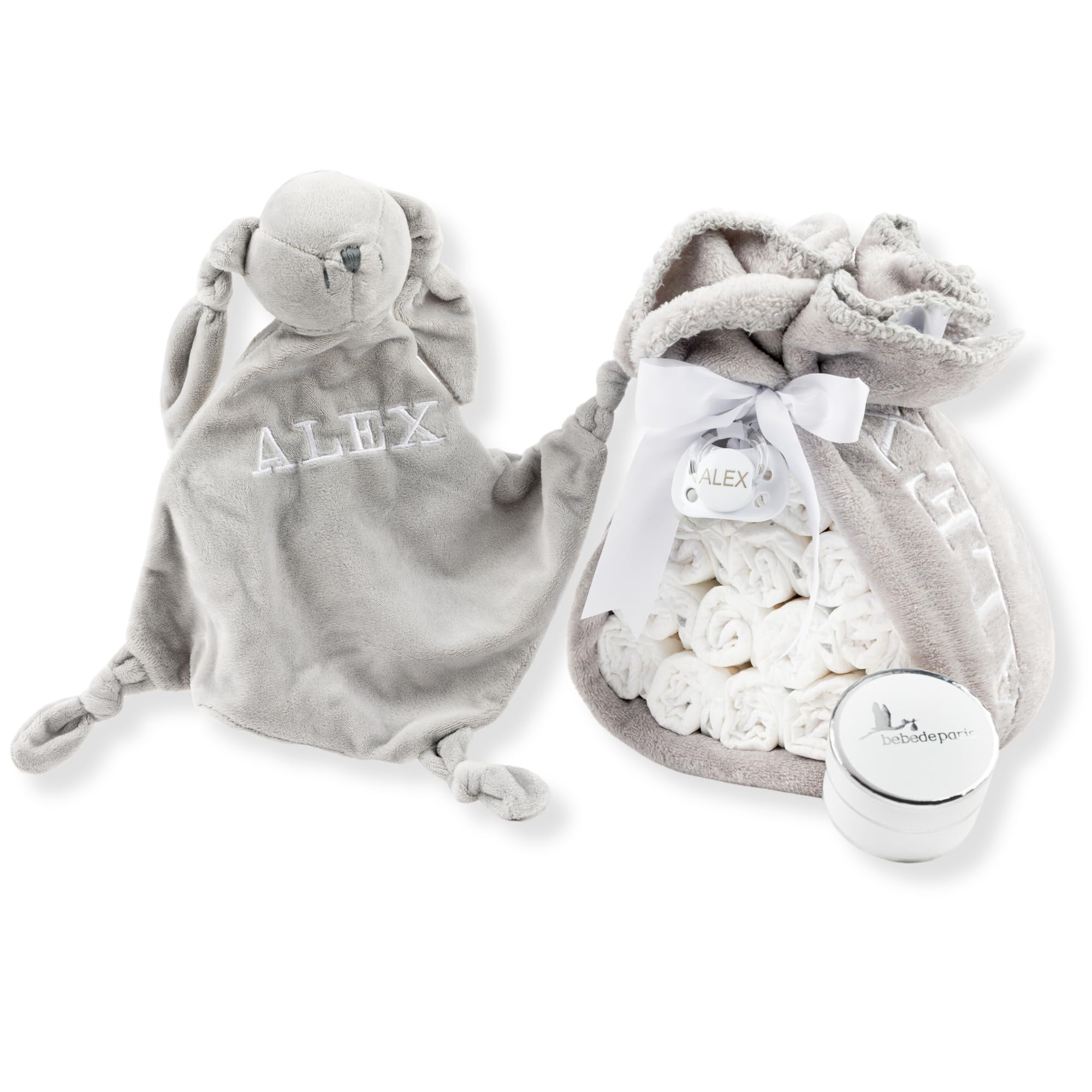 Tarta de Pañales con Doudou Conejito Personalizado | Manta Polar + Chupete Personalizado + 15 Pañales Moltex | Regalo Recién Nacido Baby Shower Nacimiento Niño Niña (Azul) | BebeDeParis