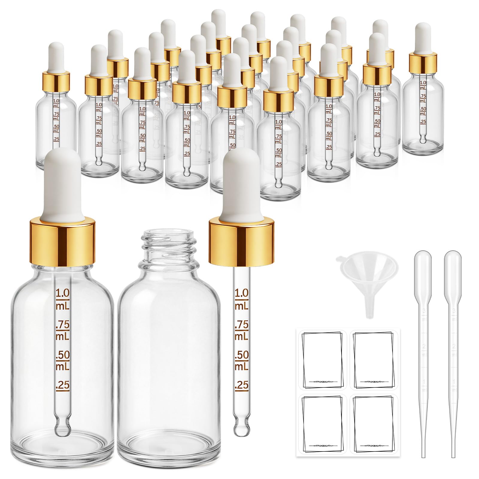 24 Pcs 1 oz Glass Dropper Bottle, Clear Essential Oil Dropper Bottle with Glass Measured Dropper & Golden Cap, Empty Eye Tincture Bottles with Funnel & Labels for Handmade Serums Tavel Liquids