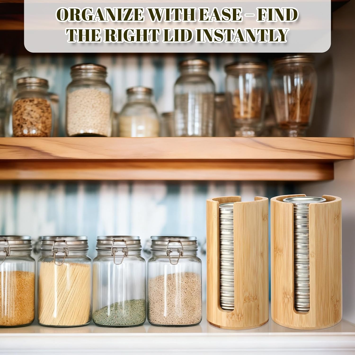 LemonRoad 4 Packs Mason Jar Lid Organizer Vertical Bamboo Storage Holder Fits Wide Mouth and Regular Mouth Mason Jar Accessories for Canning Lid Kitchen Rack Cabinet Organization (Double Sided Open)