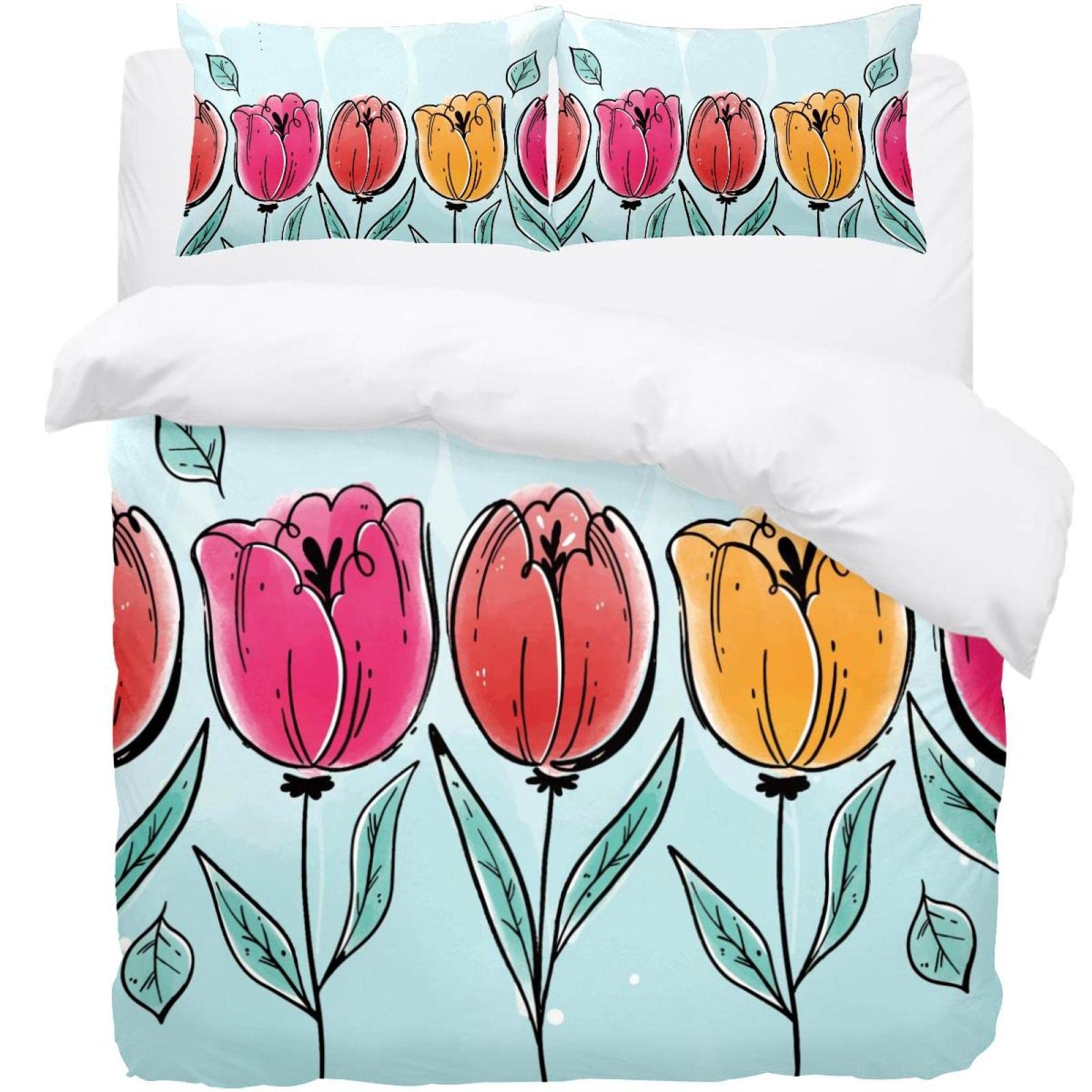 Parure de lit anti-plis super douce à motif tulipes pour éliminer la corvée de repassage