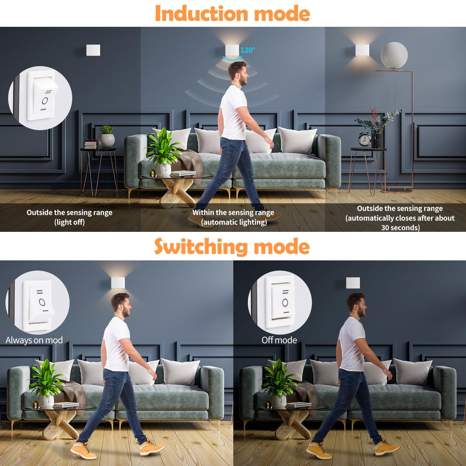 Euakee 2 Piezas 4000mAh Luz de Pared de Interior, Aplique de Pared Interior con Sensor de Movimiento, Lámpara de Pared con Batería de Carga USB, 4000K Lampara sin Cable para Dormitorio, Pasillo