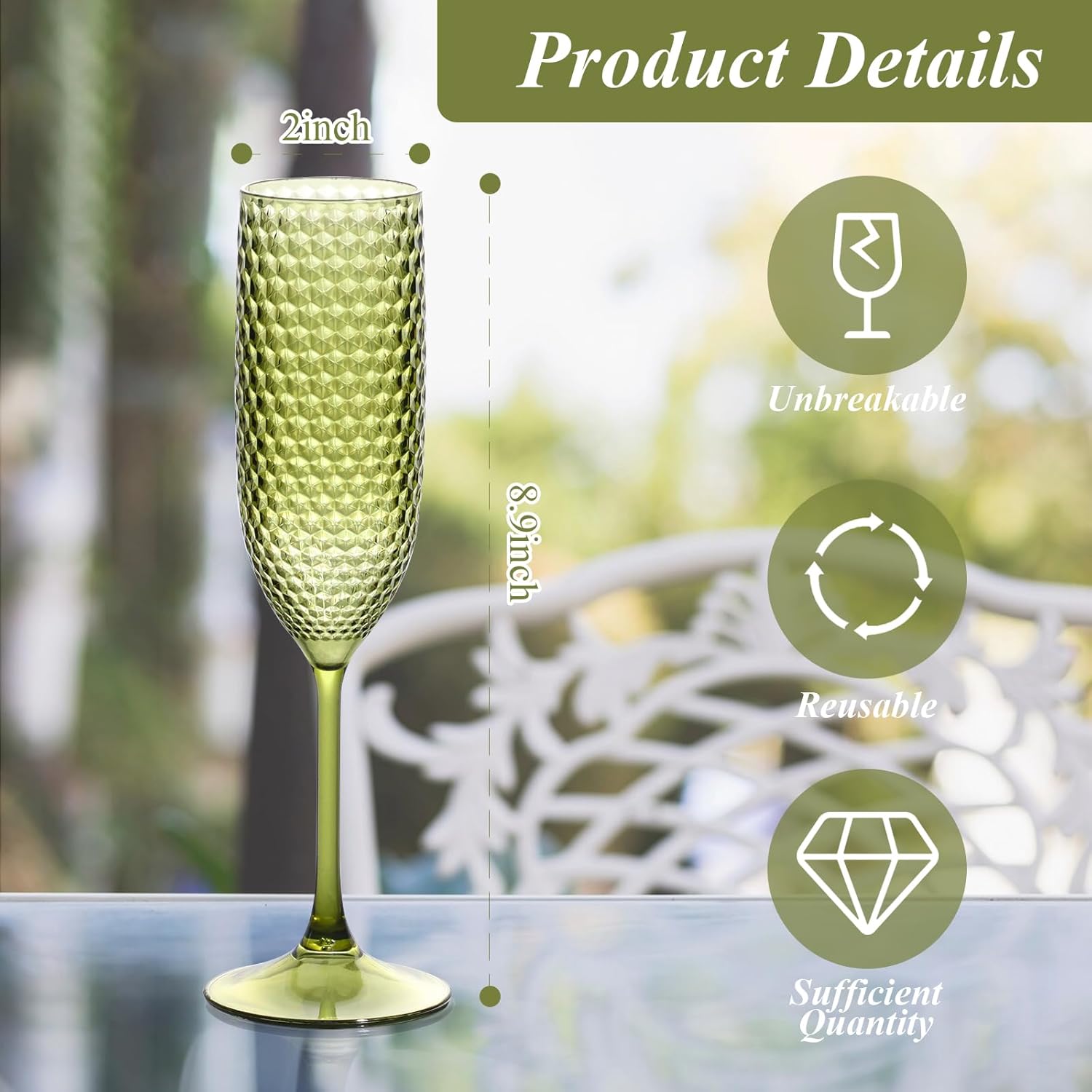 Plastic Champagne Flutes Champagne Glasses Unbreakable Wedding Toasting Glasses Reusable Diamond Wine Glasses Crystal Clear Party Wine Cups Vintage Drinking Glasses 5.5 OZ for Wedding (24, Green) - Image 2