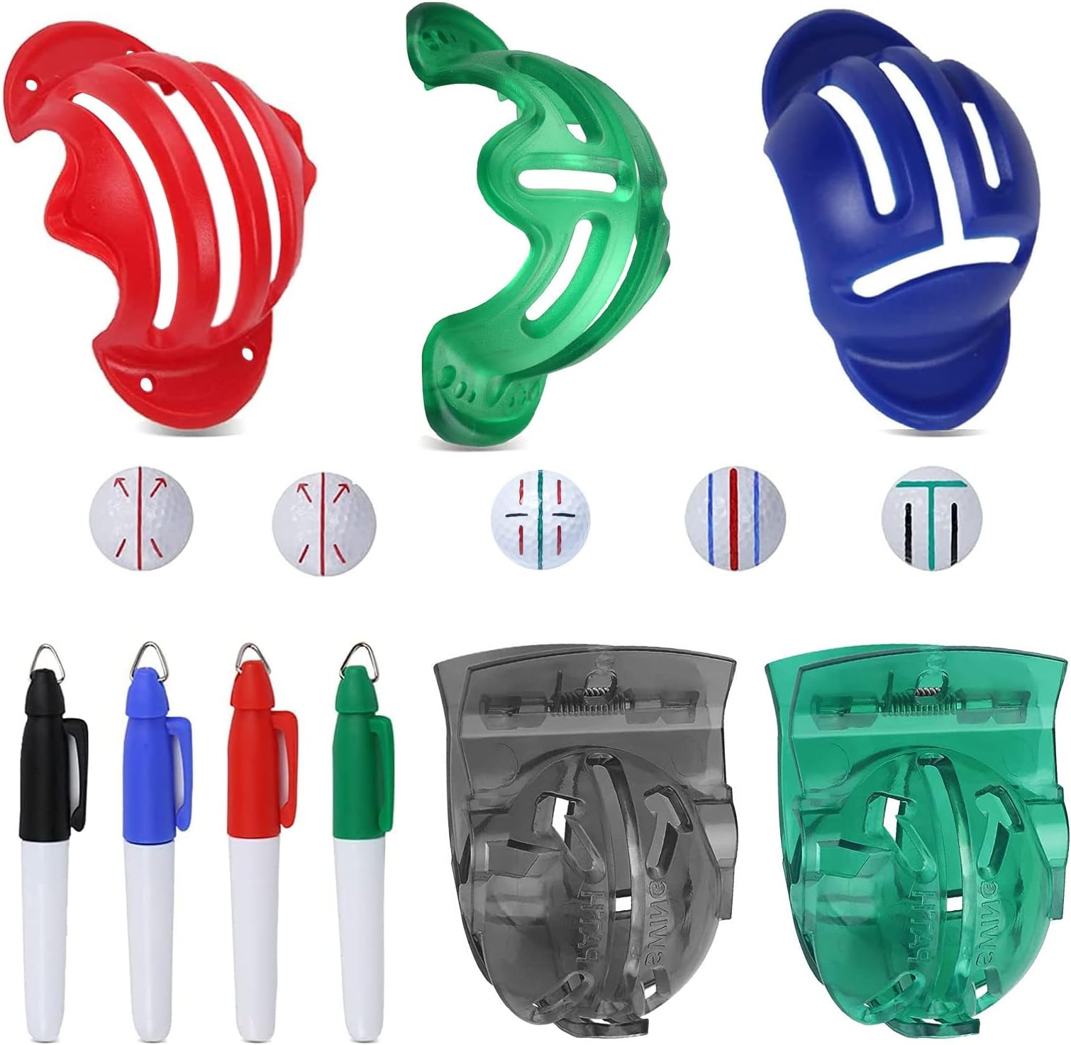 Golf Ball Line Marker Tool, 9 Pcs Golf Ball Alignment and Identification Tool Kit, with 5 Golf Ball Marking Stencils and 4 Colors Golf Ball Markers for Better Alignment Putting