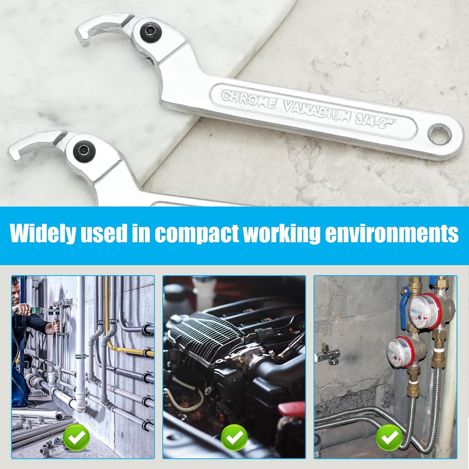 2Pcs C Hook Spanner Wrench, Stainless Steel Adjustable Hook Wrench, Pin Spanner Wrench, Portable Square Head Cover Removal Wrench Tool 3/4-2"(19-51mm) for Mechanical Equipments
