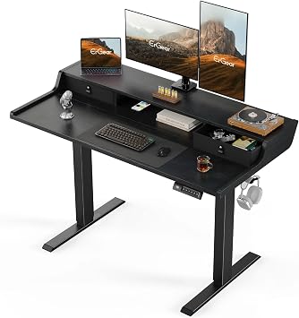 ErGear Electric Standing Desk with Drawers, 48 x 24 Gaming Table Compatible Monitor Stand, Stand up Desks, Home Office Height-Adjustable Desk with Storage Shelf, 4 Preset Heights, Black