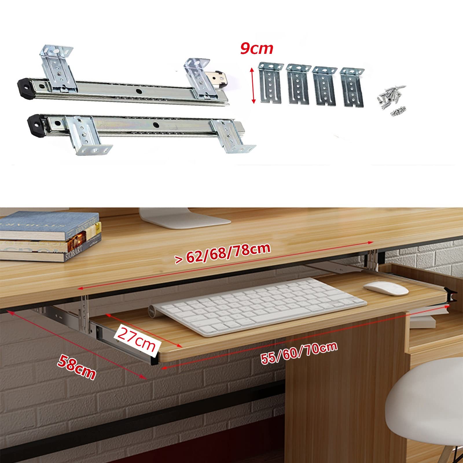 Przedłużacz biurka o regulowanej wysokości z przesuwaną tacą na klawiaturę i myszką 600 mm x 270 mm biały idealny do domowego biura