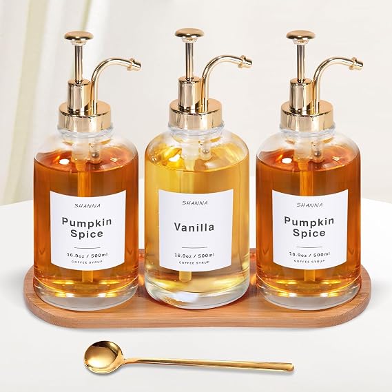 Coffee Syrup Dispenser for Coffee Bar, 16.9oz 500ml Glass Syrup Dispenser w Golden Coffee Scoop, Coffee Syrup Pump Dispenser w 36 Labels and Bamboo Tray, Coffee Syrup Bottles with Golden Pump, 3PCS