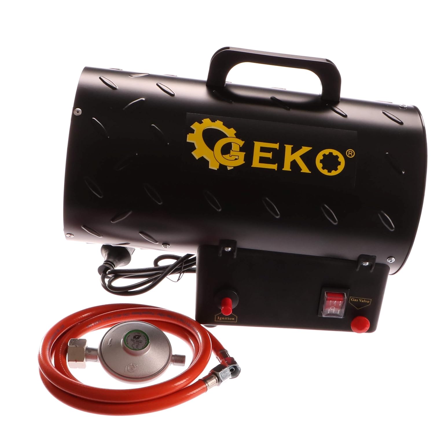 Geko G80410 15 kW LPG Gas Heater, front view with gas hose and pressure reducer