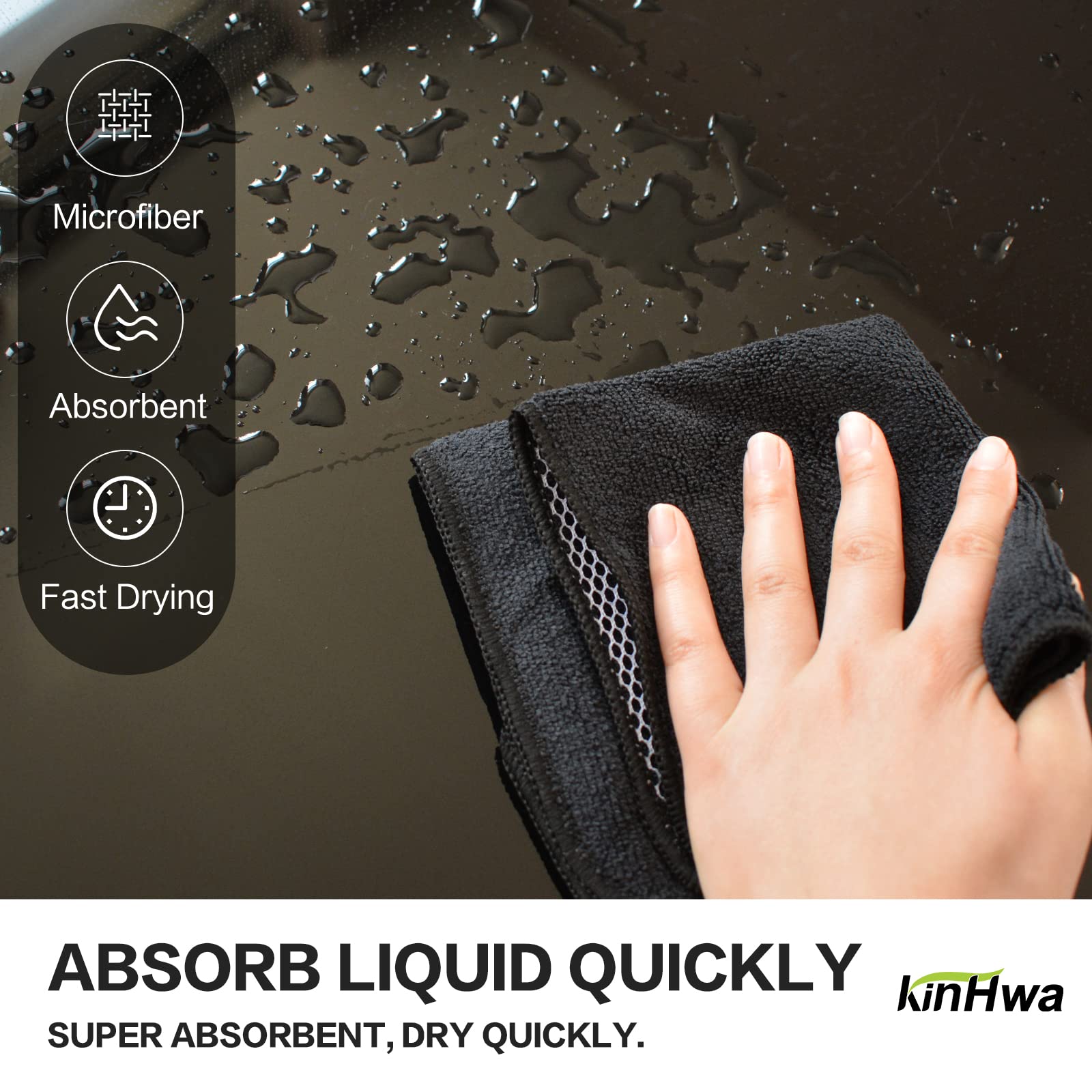 KinHwa - Panni in microfibra super assorbente, per lavare i piatti, asciugatura rapida, con lato scrub 12inchx12inch Nero x 18