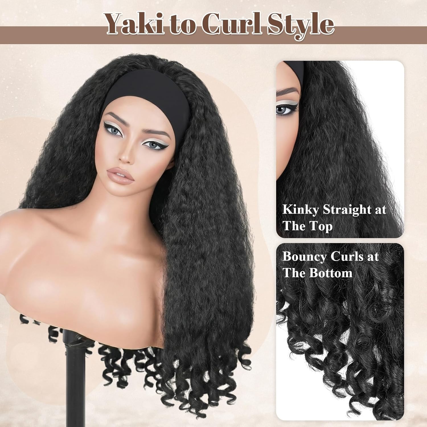 Afro Kinky Curly Headband Wigs for Black Women, Synthetic Yaki with Bouncy Curls in the Ends, 22 Inch Black Curly Wear and Go Glueless Wig, Ready to Wear Wigs as Human Hair (#1B, 22 Inch)