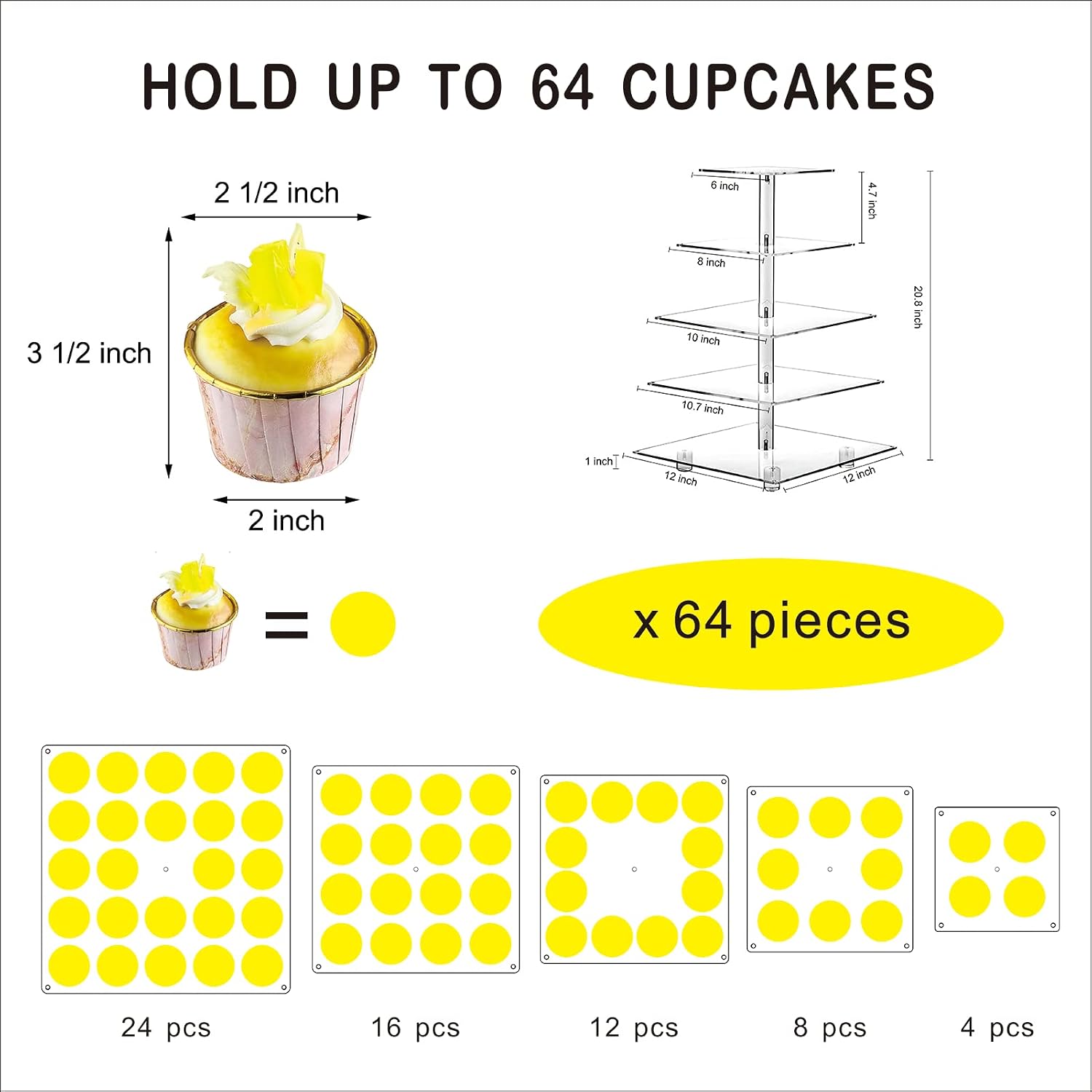 Cupcake Stand, Elegant Cupcake Holder with Brighter Yellow LED String Light, Clear 5-Tier Square Acrylic Cupcake Tower for Wedding, Birthday, Baby Shower, Party (Yellow light)