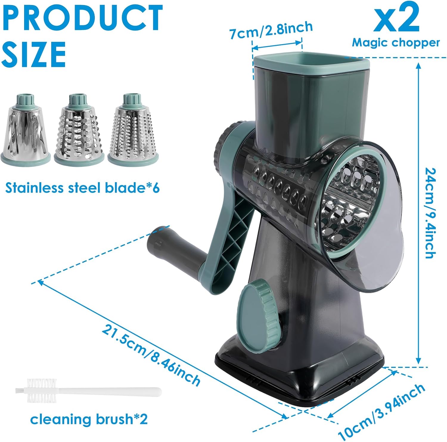 2Pcs Rotary Cheese Grater with Handle, Shredder Slicer Grinder 6 Stainless Steel Blades Manual Cheese Cutter Hand Crank Graters for Kitchen Potato Zucchini Carrot Potato Vegetable Nuts Chocolate