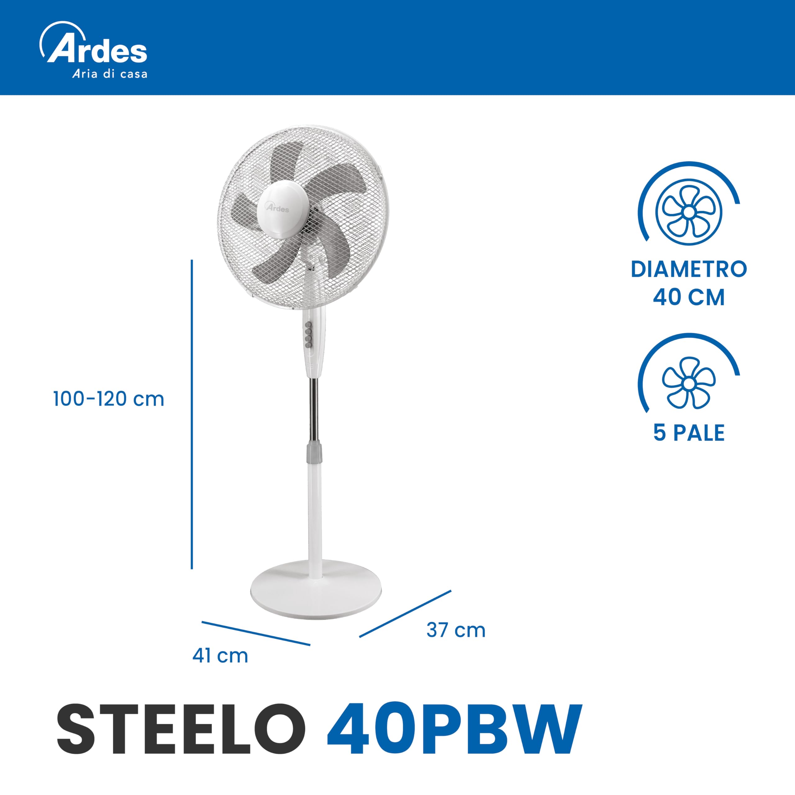 ARDES STEELO 40PBW AR5ST40PBW Ventilatore a piantana Ø40 cm 45 W con 3 velocità, altezza regolabile 100–120 cm e oscillazione automatica