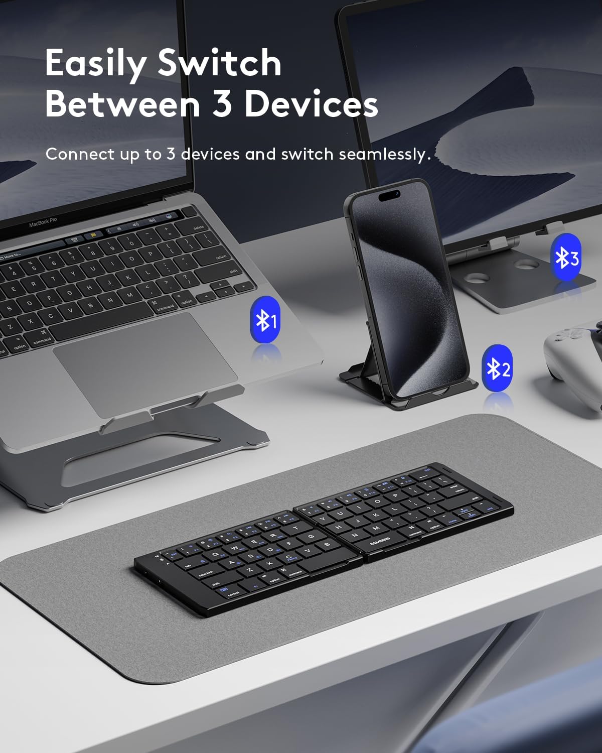 Samsers Foldable Bluetooth Keyboard, Portable Wireless Folding Keyboards for Travel, Support Up to 3 Devices for iPad, iPhone, MacBook, Android, Windows Laptop Tablet PC - Black - Image 2