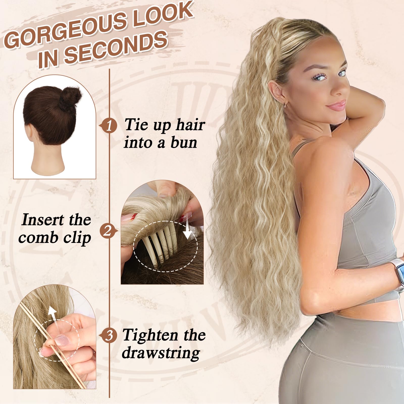 BARSDAR Coleta Postiza Pelo Natural con Cordón, 76cm Largo Cola de Caballo Extensiones Sintético Peine Clip in Extensiones Coleta Postizos para Mujer Bohemian Claro Ceniza Rubio Ponytail Extension