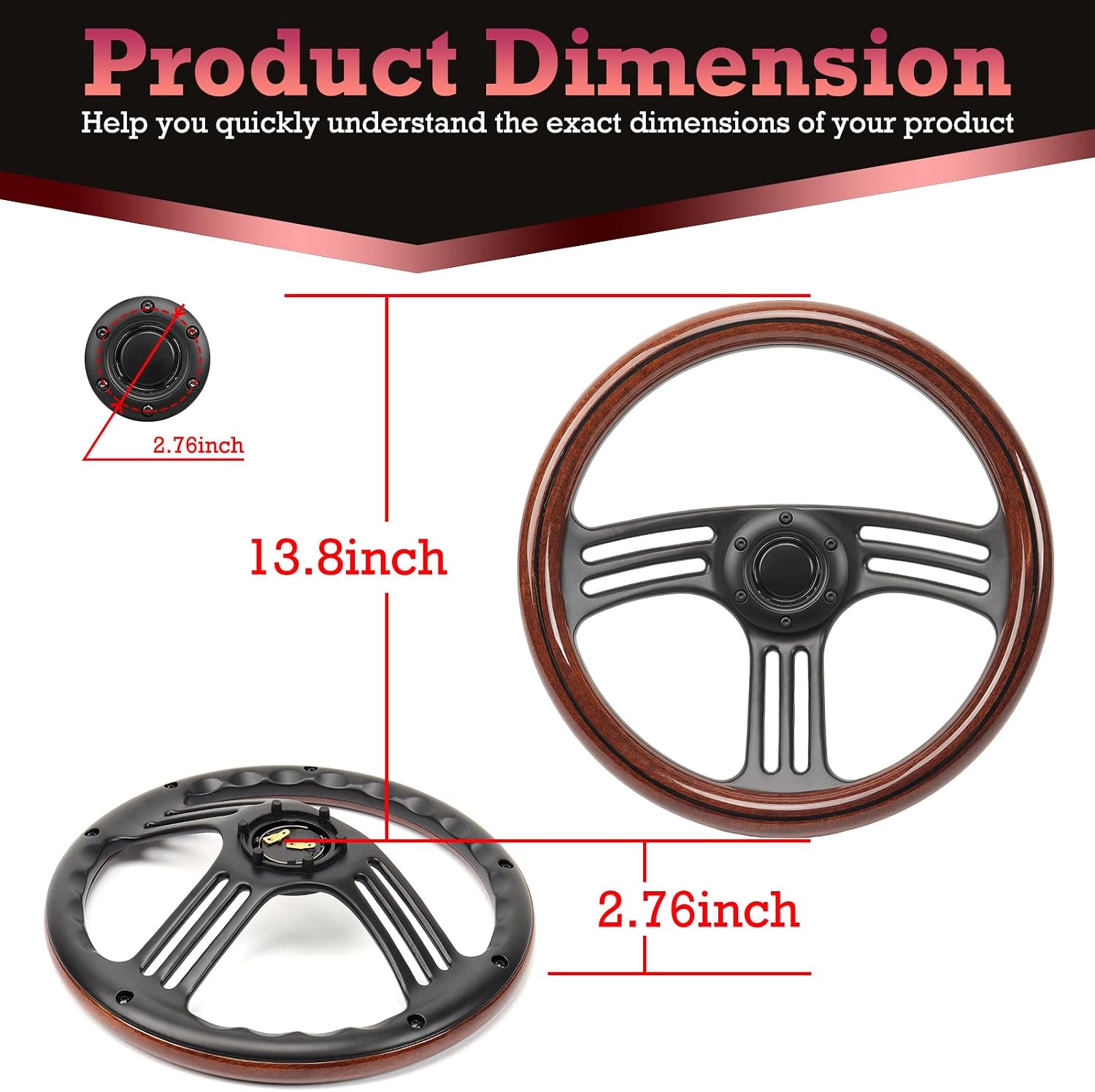 14inch Solid Wood Steering Wheel 350mm 6Bolt 3 Spoke 70mm Deep Dish