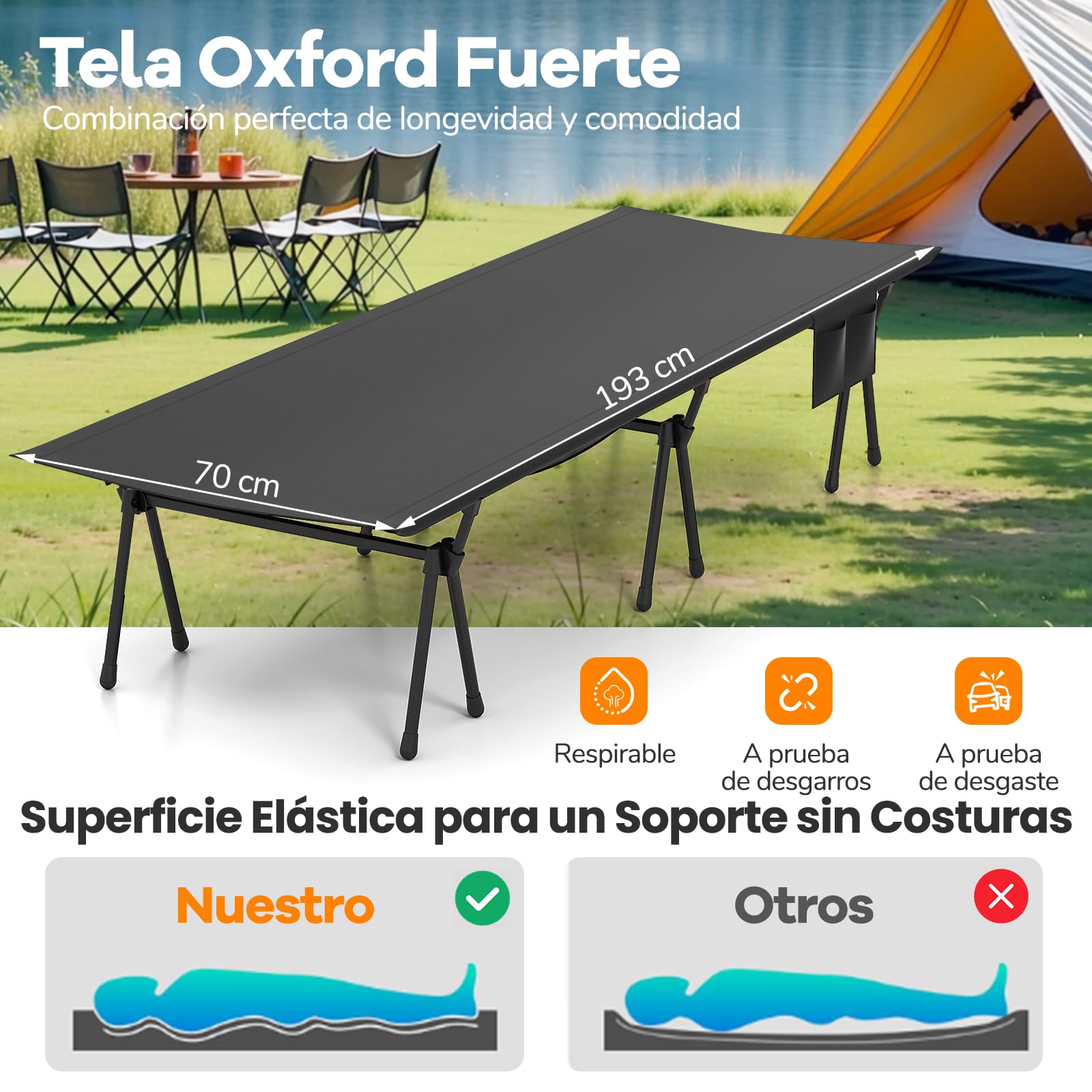 COSTWAY Cama Plegable Camping, Altura Ajustable, Catre Plegable Camping Portátil, Bolsillo Lateral y de Malla, Bolsa de Transporte, Campismo Playa Senderismo Oficina, 193 x 70cm, Carga 150kg