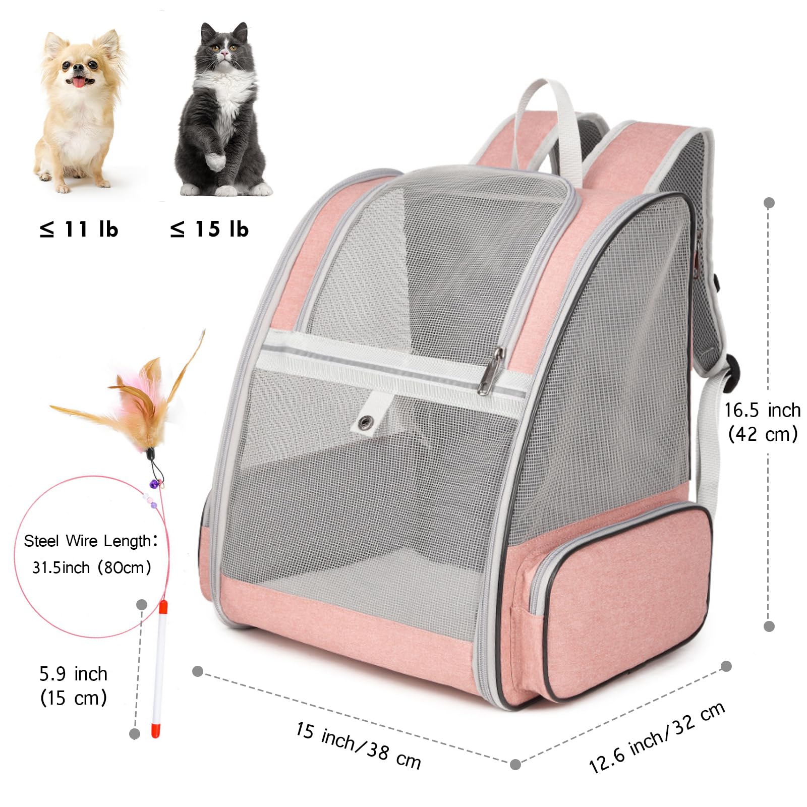 Zaino per gatti, grande zaino per animali domestici con bacchetta per gatti, piume, giocattolo per cani di taglia media e piccola, gattini, coniglietti fino a 6,8 kg, zaino da viaggio per cani in rete