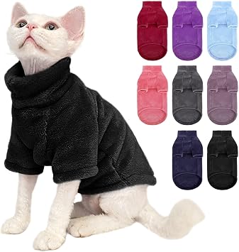 Turtleneck Sweater Coat for Cat, Sphynx Clothes Pajamas for Cats Only, Kitten Fleece Pullover Sweaters with Sleeves, Pet Warm Jumpsuit Sweatshirt for Cold Weather, Black S