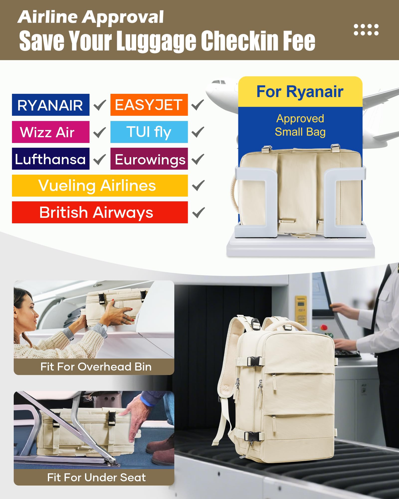 BJLFS Borse da Cabina per Ryanair 40x30x20 Zaino Wizzair Sottovuoto da viaggio 40x20x25 Bagaglio a Mano con compressione sottovuoto,Zaino Easyjet 45x36x20,Zaini Casual per laptop da 14 pollici