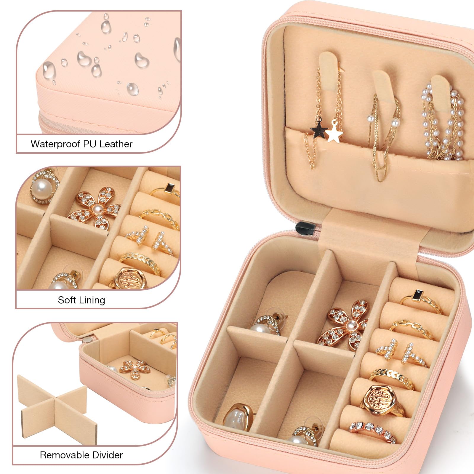 VINATO Portagioielli Personalizzabile con Lettere Diamantate 10x10x5 cm DIY Scatola Porta Gioielli da Viaggio in Pelle PU Rosa