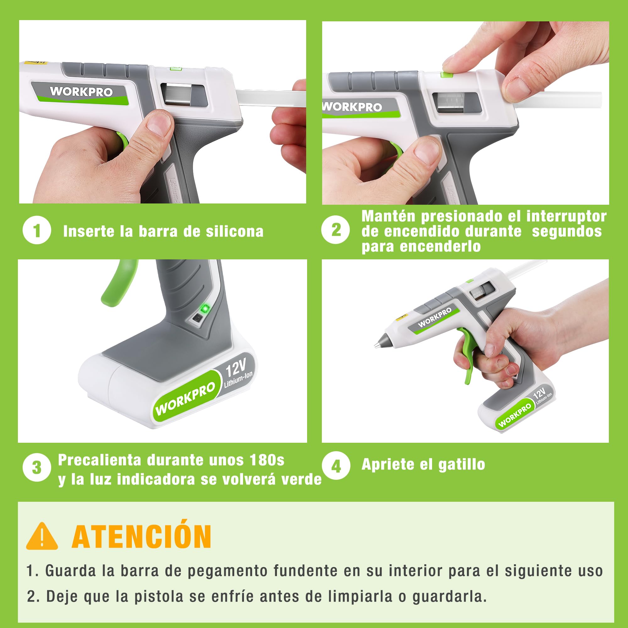 WORKPRO 12V Pistola de Silicona Caliente Inalámbrica, Pistola de Pegamento Termofusible a Batería, Pistola de Encolar con 15 Barras de Pegamento (11 * 200 mm), Precalentamiento Rápido, para Bricolaje